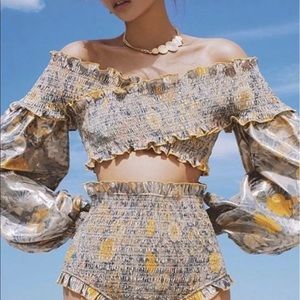 Alice maccall ring my bell off the shoulders gold smocked floral top
